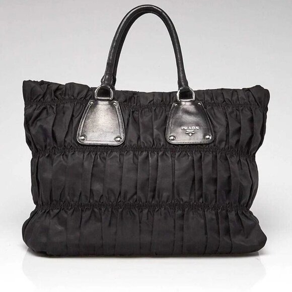 Prada Black Tessuto Nylon Gauffre Pleated Tote Bag - Picture 1 of 11